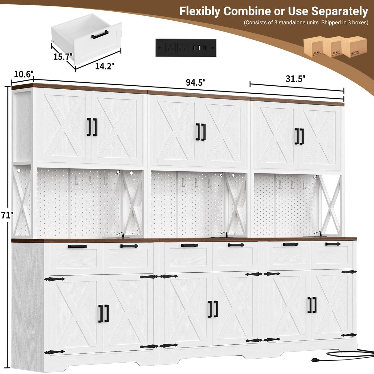 94.5" W x 71" H Kitchen Pantry Cabinet with Countertop, Large Storage Buffet Hutch with 3 Power Outlets & LED Lights