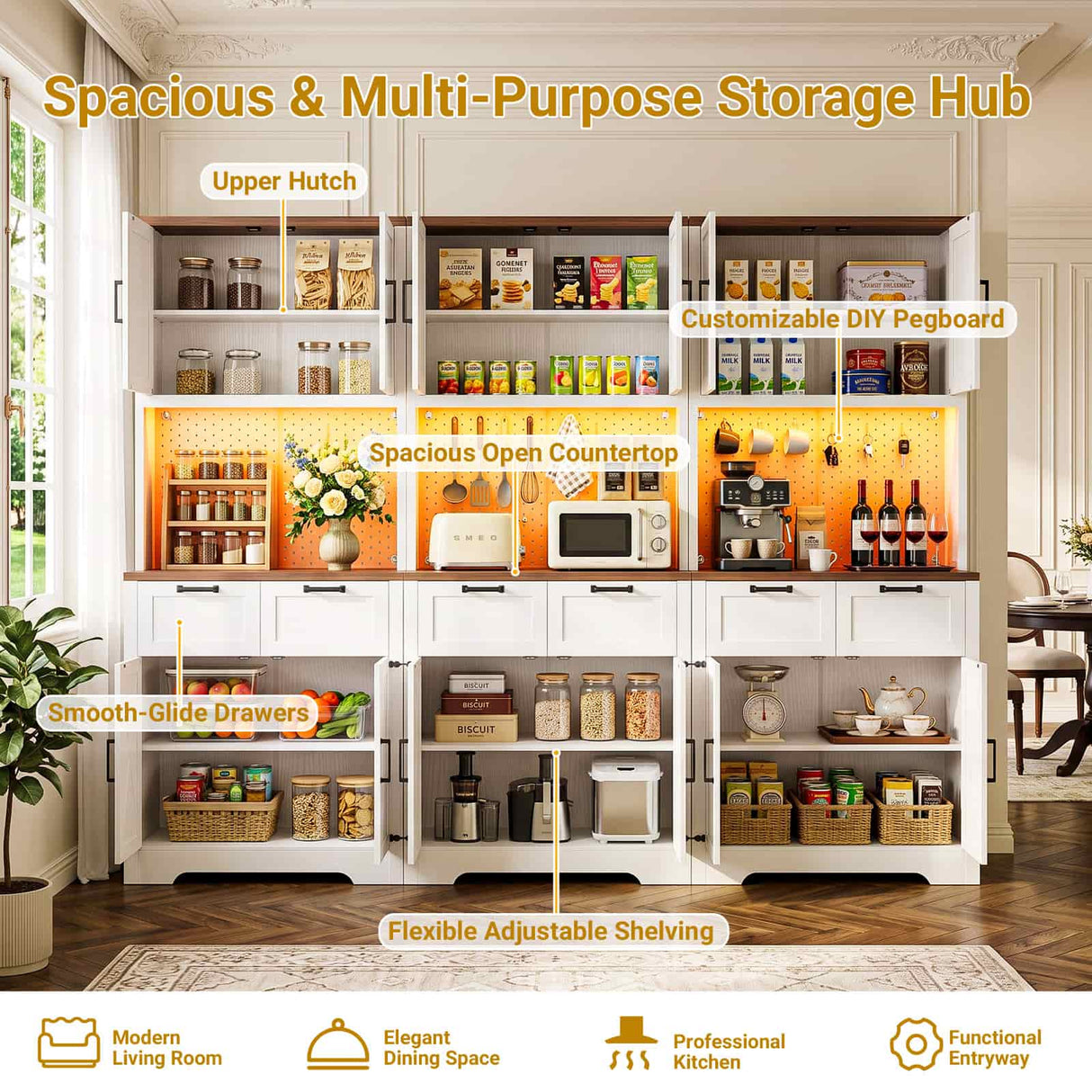 94.5" W x 71" H Kitchen Pantry Cabinet with Countertop, Large Storage Buffet Hutch with 3 Power Outlets & LED Lights