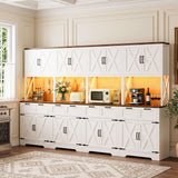 126" W x 71" H Kitchen Pantry Cabinet with Countertop, Large Storage Buffet Hutch with 4 Power Outlets & LED Lights