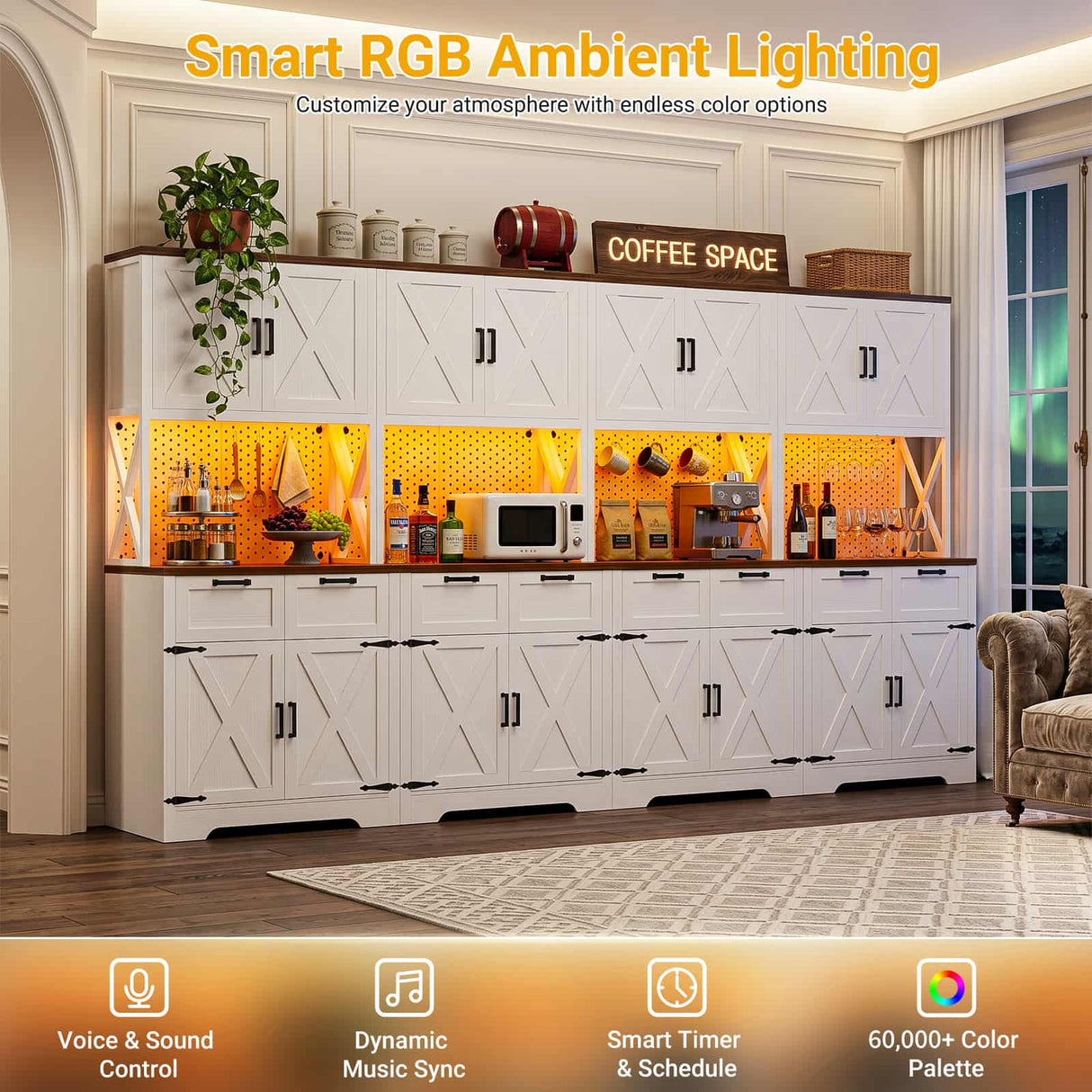 126" W x 71" H Kitchen Pantry Cabinet with Countertop, Large Storage Buffet Hutch with 4 Power Outlets & LED Lights