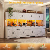 126" W x 71" H Kitchen Pantry Cabinet with Countertop, Large Storage Buffet Hutch with 4 Power Outlets & LED Lights