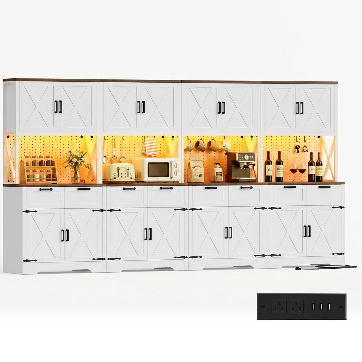 126" W x 71" H Kitchen Pantry Cabinet with Countertop, Large Storage Buffet Hutch with 4 Power Outlets & LED Lights