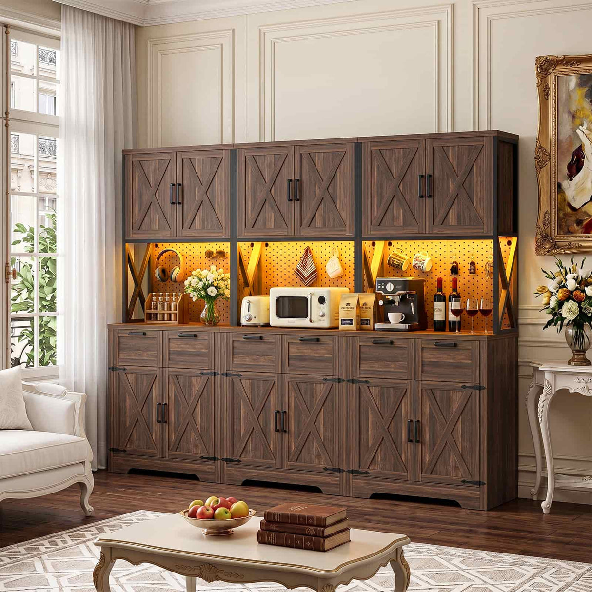 94.5" W x 71" H Kitchen Pantry Cabinet with Countertop, Large Storage Buffet Hutch with 3 Power Outlets & LED Lights