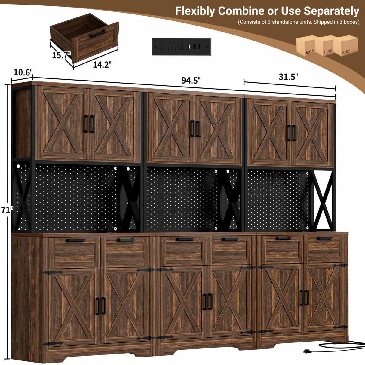 94.5" W x 71" H Kitchen Pantry Cabinet with Countertop, Large Storage Buffet Hutch with 3 Power Outlets & LED Lights