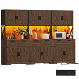 94.5" W x 71" H Kitchen Pantry Cabinet with Countertop, Large Storage Buffet Hutch with 3 Power Outlets & LED Lights
