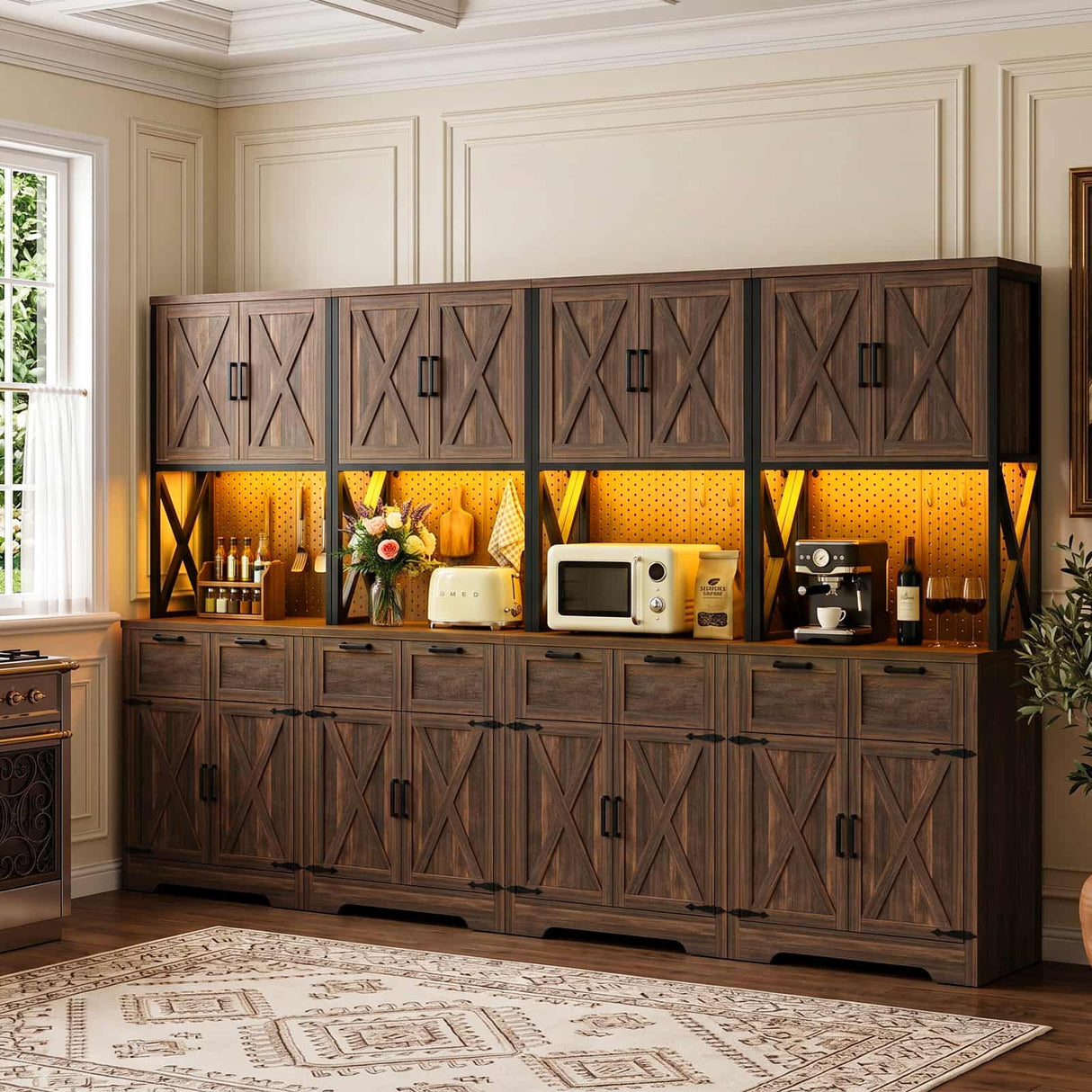 126" W x 71" H Kitchen Pantry Cabinet with Countertop, Large Storage Buffet Hutch with 4 Power Outlets & LED Lights