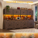 126" W x 71" H Kitchen Pantry Cabinet with Countertop, Large Storage Buffet Hutch with 4 Power Outlets & LED Lights