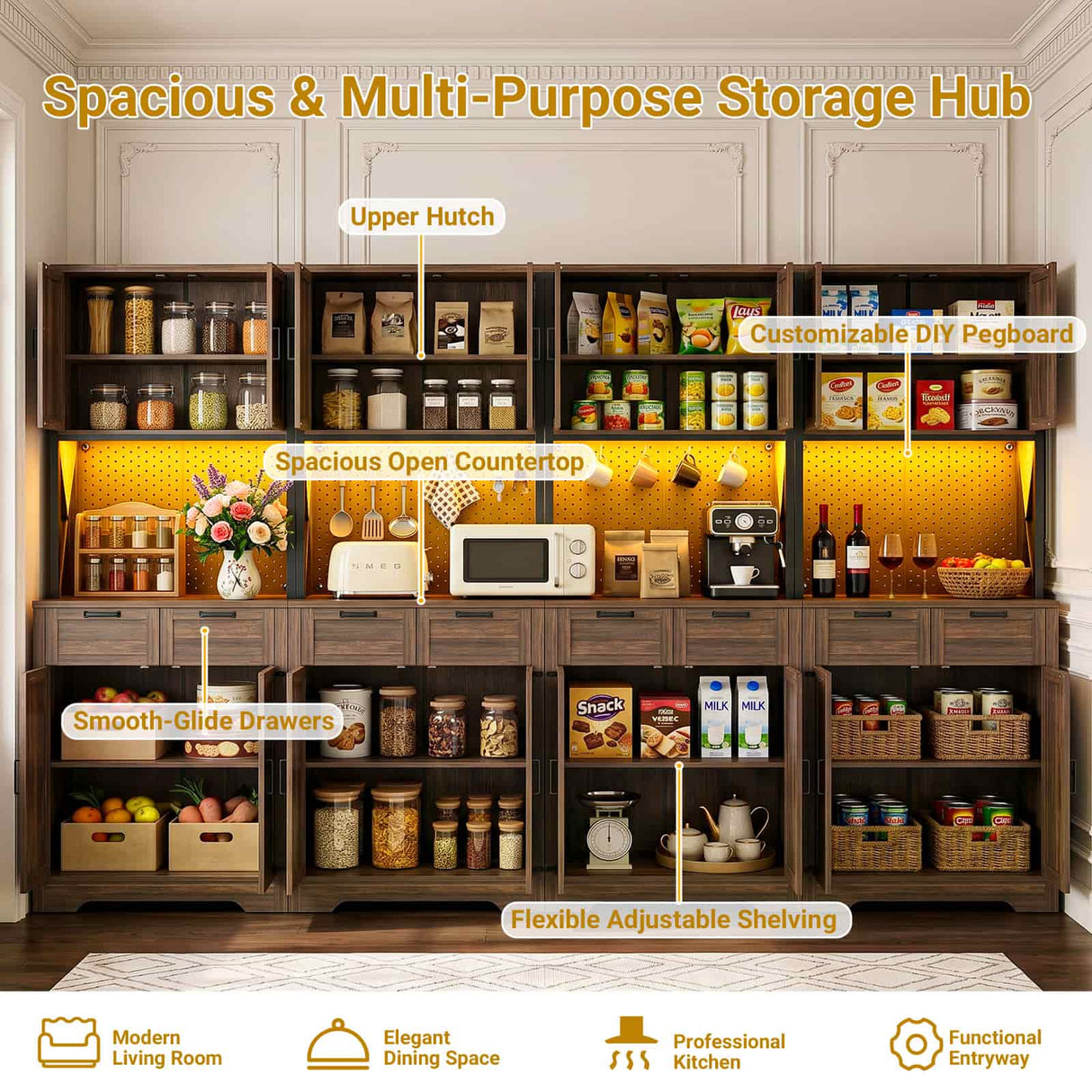 126" W x 71" H Kitchen Pantry Cabinet with Countertop, Large Storage Buffet Hutch with 4 Power Outlets & LED Lights