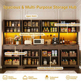 126" W x 71" H Kitchen Pantry Cabinet with Countertop, Large Storage Buffet Hutch with 4 Power Outlets & LED Lights
