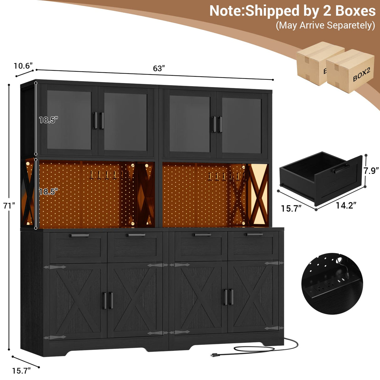 63" Wide Panty Cabinet with LED Light & Outlet