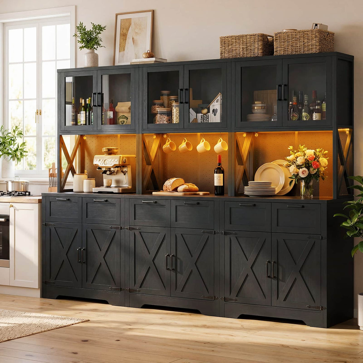 71'' Tall Farmhouse Pantry Cabinet with 6 Drawers and 12 Doors, 3 Packs