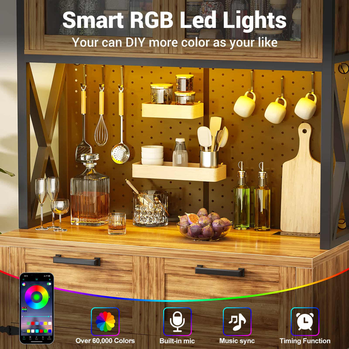71" Kitchen Pantry Cabinet with Power Outlet & RGB LED Lights