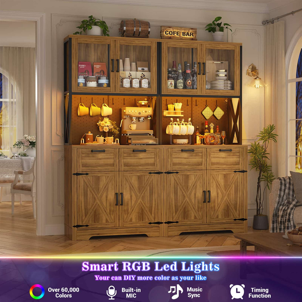 71" Kitchen Pantry Cabinet with Outlet, Microwave Stand, RGB Light