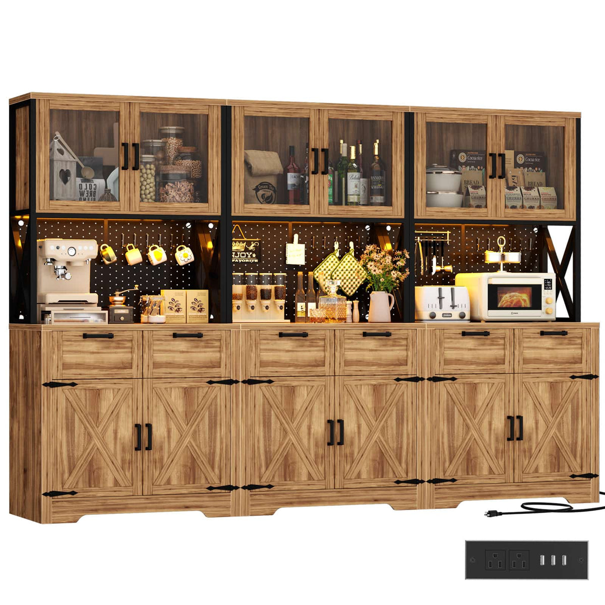 94.5" Wide Kitchen Pantry Cabinet with 3 Power Outlets & LED Light, 71" Tall Large Kitchen Hutch with Countertop, DIY Pegboard with 18 Hooks & 6 Drawers, Farmhouse Food Pantry