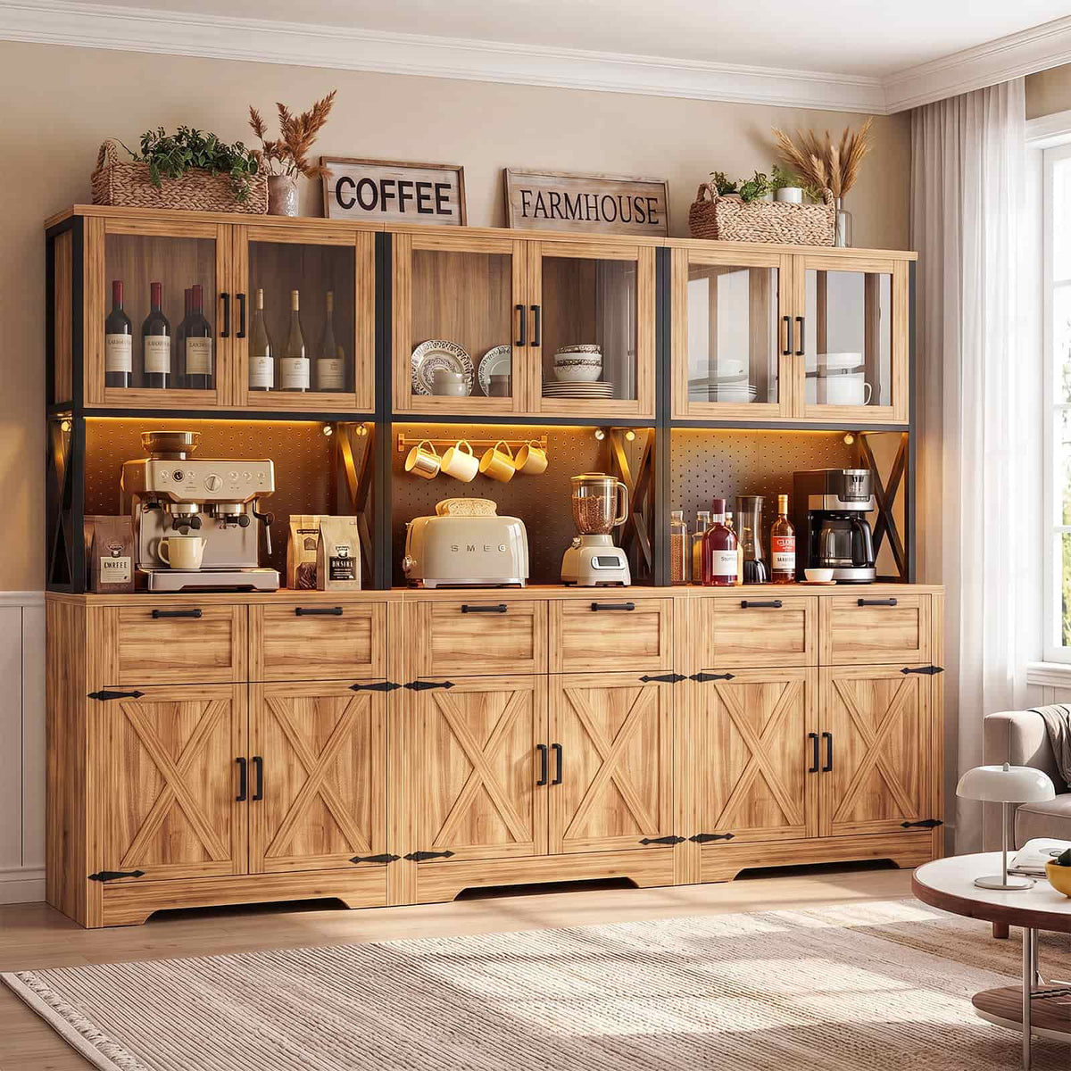 94.5" Wide Kitchen Pantry Cabinet with 3 Power Outlets & LED Light, 71" Tall Large Kitchen Hutch with Countertop, DIY Pegboard with 18 Hooks & 6 Drawers, Farmhouse Food Pantry