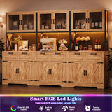 94.5" Wide Kitchen Pantry Cabinet with 3 Power Outlets & LED Light, 71" Tall Large Kitchen Hutch with Countertop, DIY Pegboard with 18 Hooks & 6 Drawers, Farmhouse Food Pantry