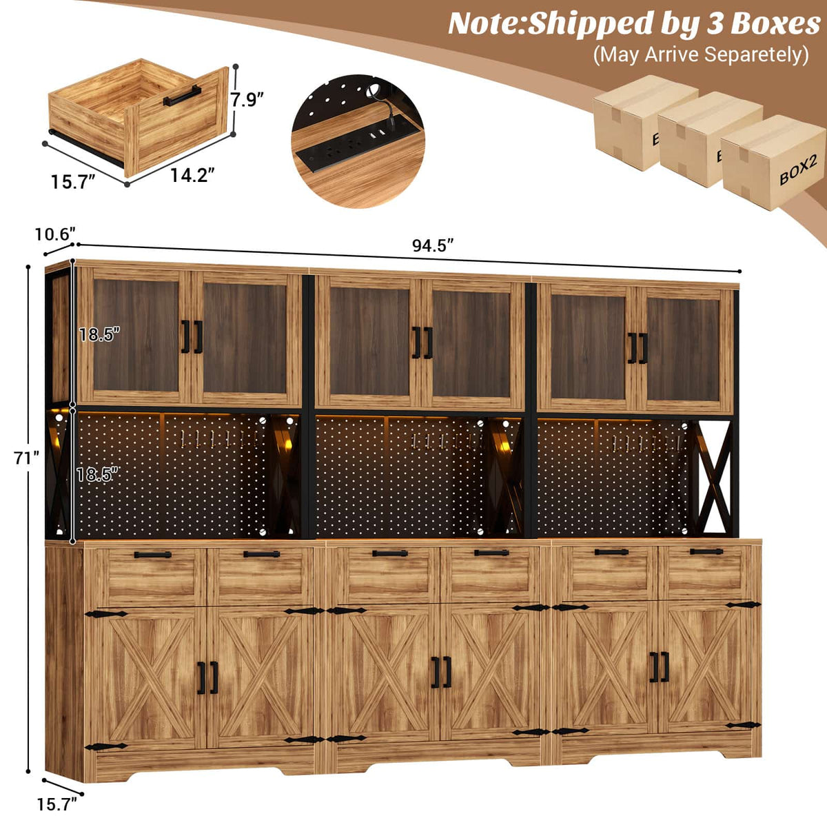 94.5" Wide Kitchen Pantry Cabinet with 3 Power Outlets & LED Light, 71" Tall Large Kitchen Hutch with Countertop, DIY Pegboard with 18 Hooks & 6 Drawers, Farmhouse Food Pantry