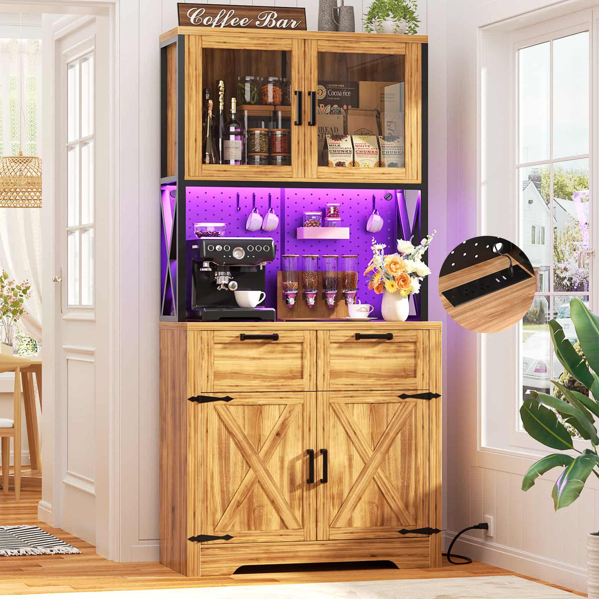 71" Kitchen Pantry Cabinet with Power Outlet & RGB LED Lights