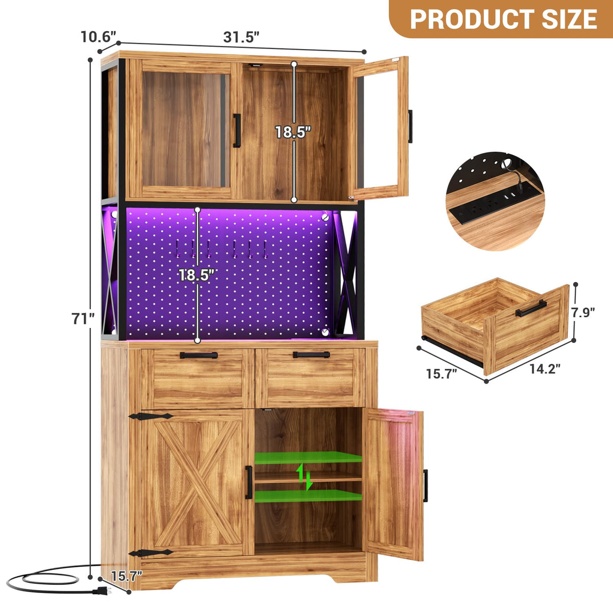 71" Kitchen Pantry Cabinet with Power Outlet & RGB LED Lights