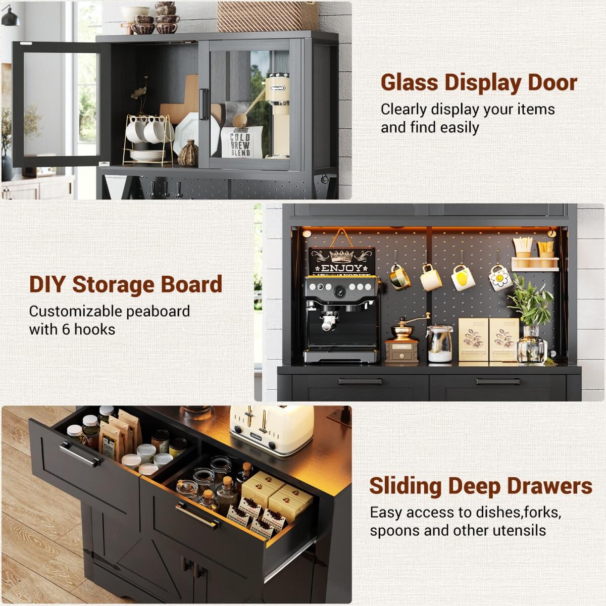 71" Pantry Cabinet with LED Light & Outlet, Coming with 2 Wood Drawers