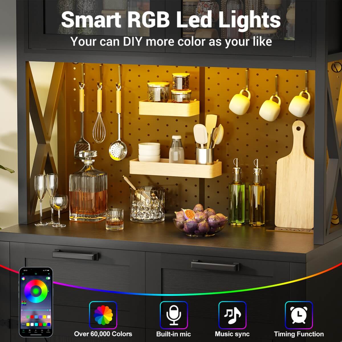 71" Pantry Cabinet with LED Light & Outlet, Coming with 2 Wood Drawers