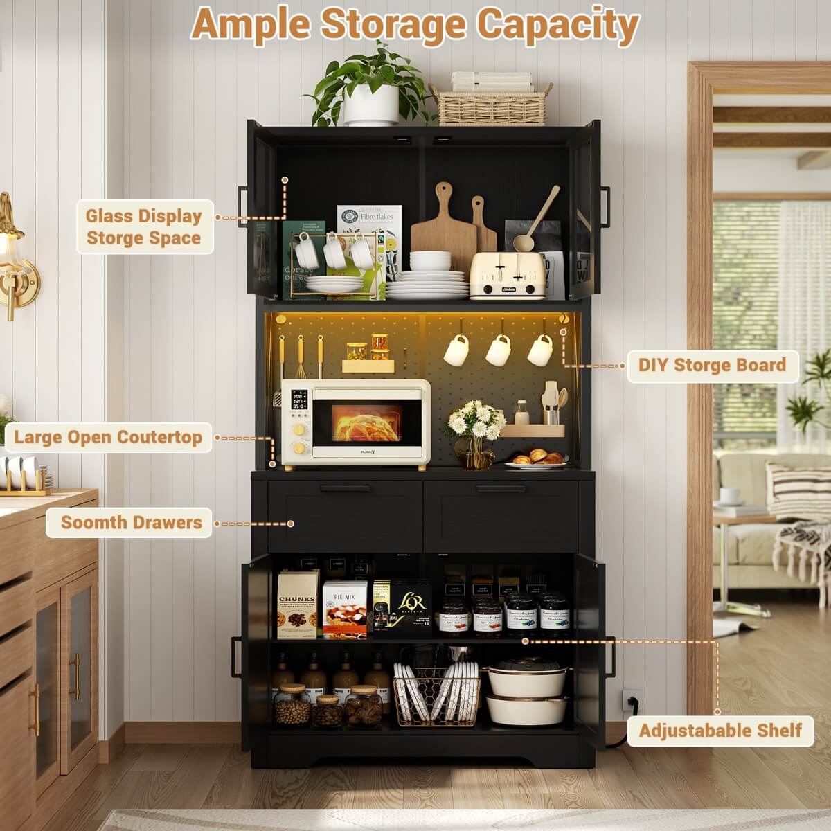 71" Pantry Cabinet with LED Light & Outlet, Coming with 2 Wood Drawers