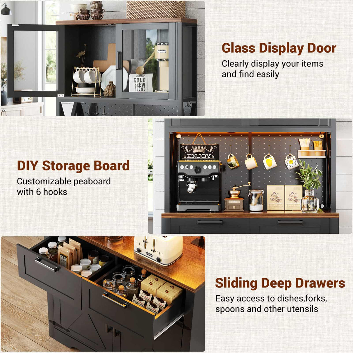 71" Pantry Cabinet with LED Light & Outlet, Coming with 2 Wood Drawers