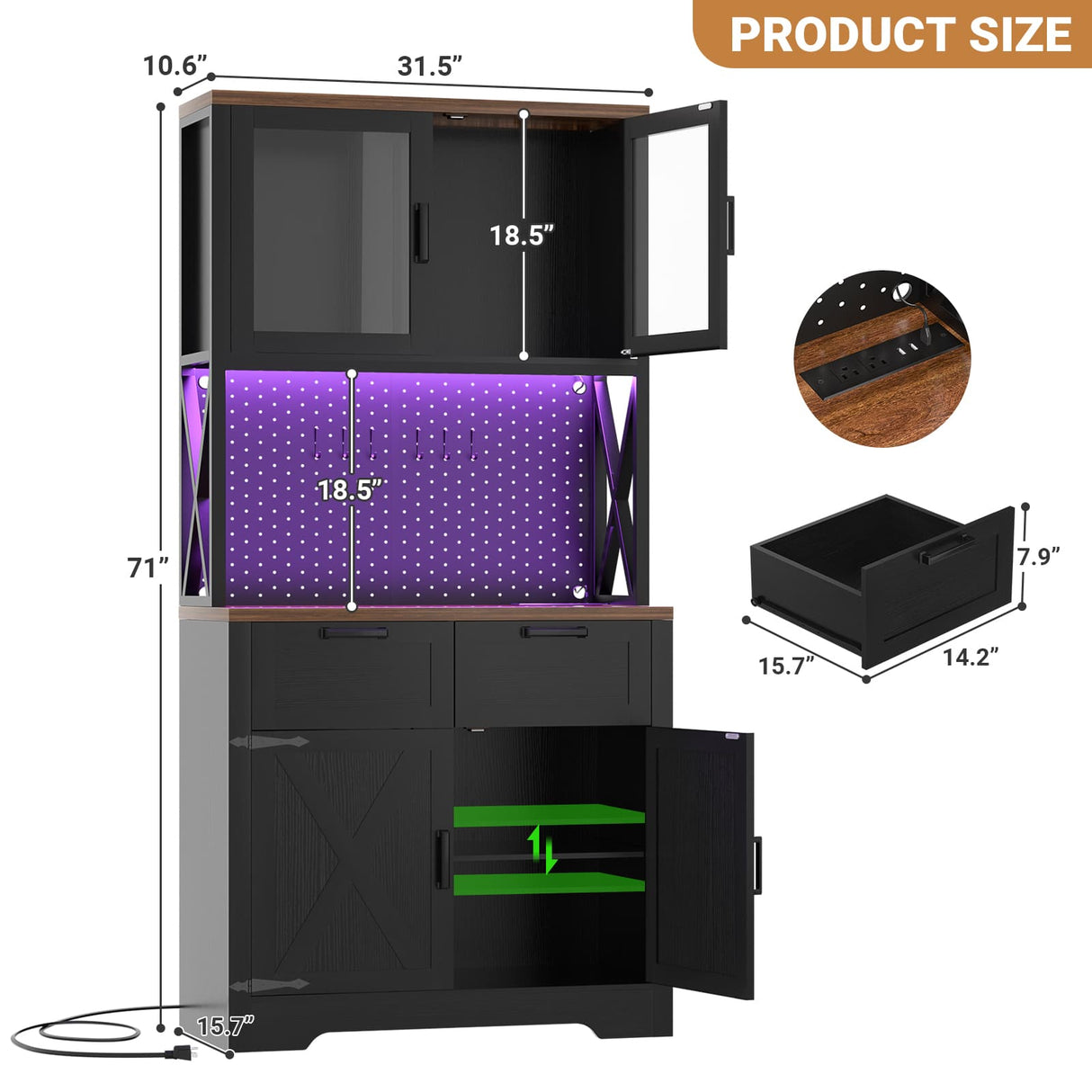 71" Pantry Cabinet with LED Light & Outlet, Coming with 2 Wood Drawers