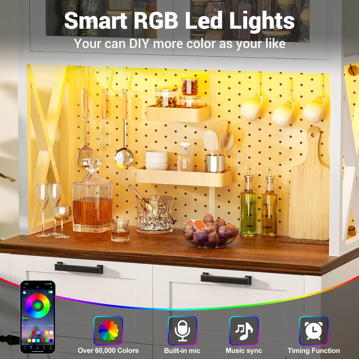 71" Pantry Cabinet with LED Light & Outlet, Coming with 2 Wood Drawers
