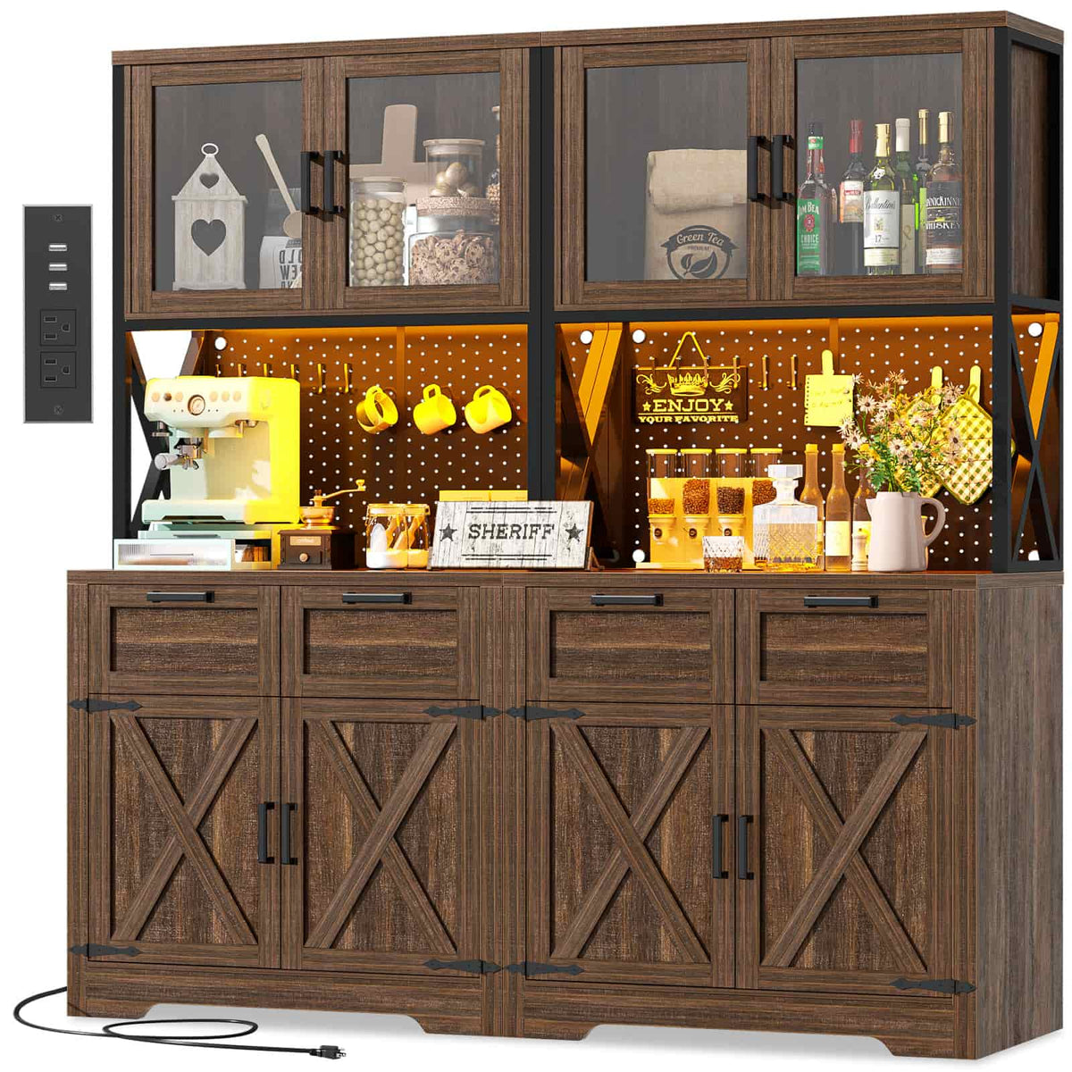 71" Kitchen Pantry Cabinet with Outlet, Microwave Stand, RGB Light