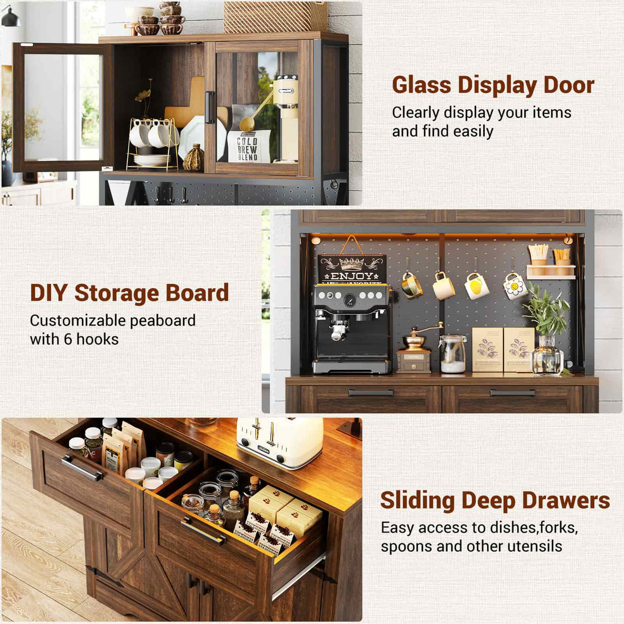71" Pantry Cabinet with LED Light & Outlet, Coming with 2 Wood Drawers
