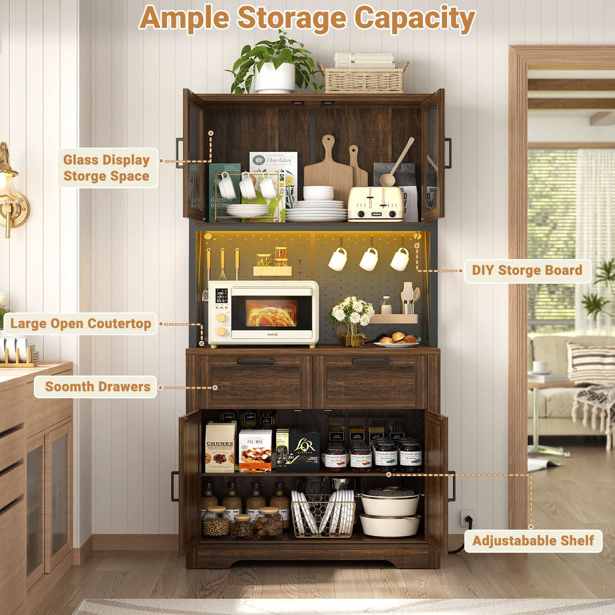 71" Pantry Cabinet with LED Light & Outlet, Coming with 2 Wood Drawers