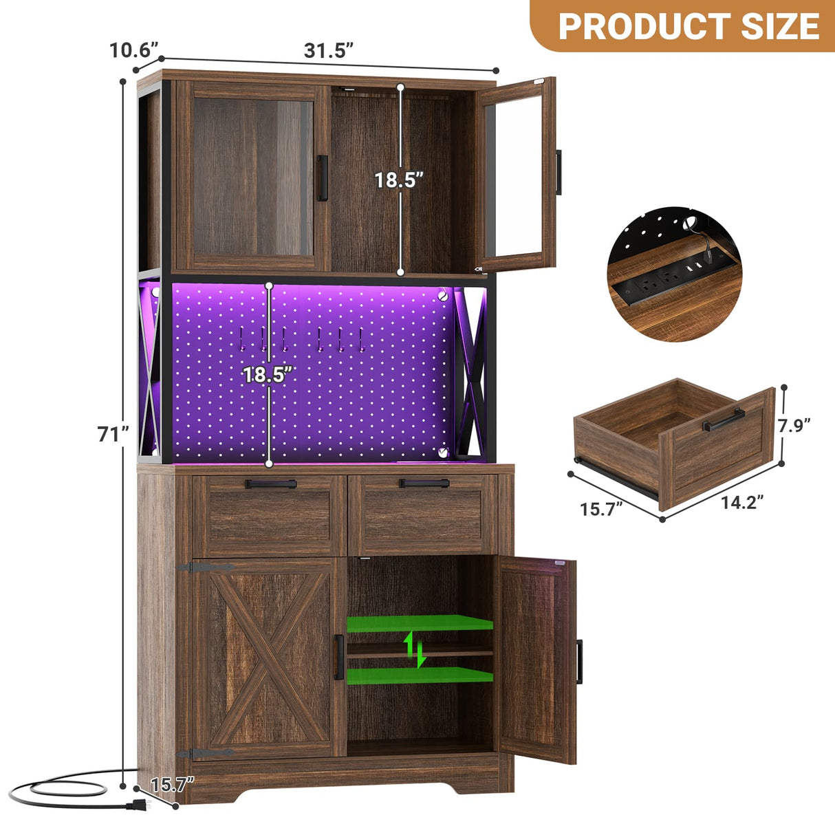 71" Pantry Cabinet with LED Light & Outlet, Coming with 2 Wood Drawers