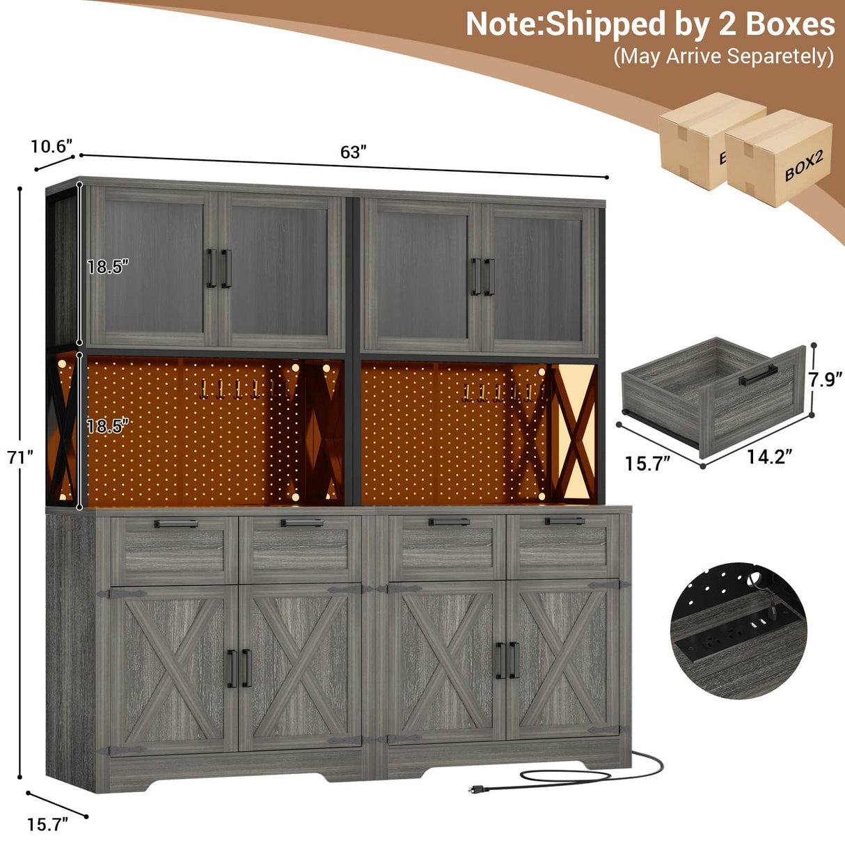 63" Wide Panty Cabinet with LED Light & Outlet