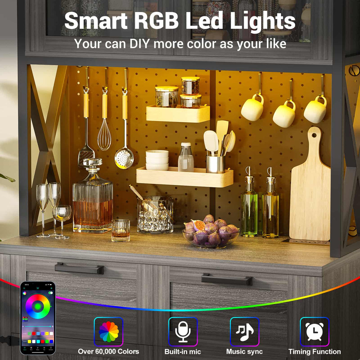 71" Pantry Cabinet with LED Light & Outlet, Coming with 2 Wood Drawers