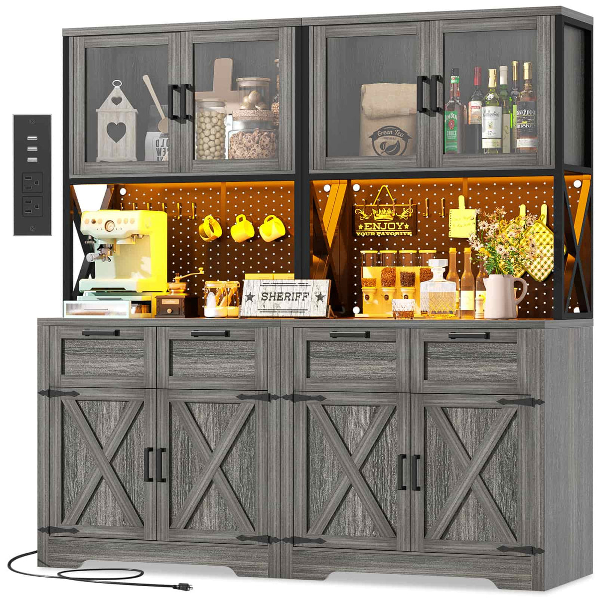 71" Kitchen Pantry Cabinet with Outlet, Microwave Stand, RGB Light
