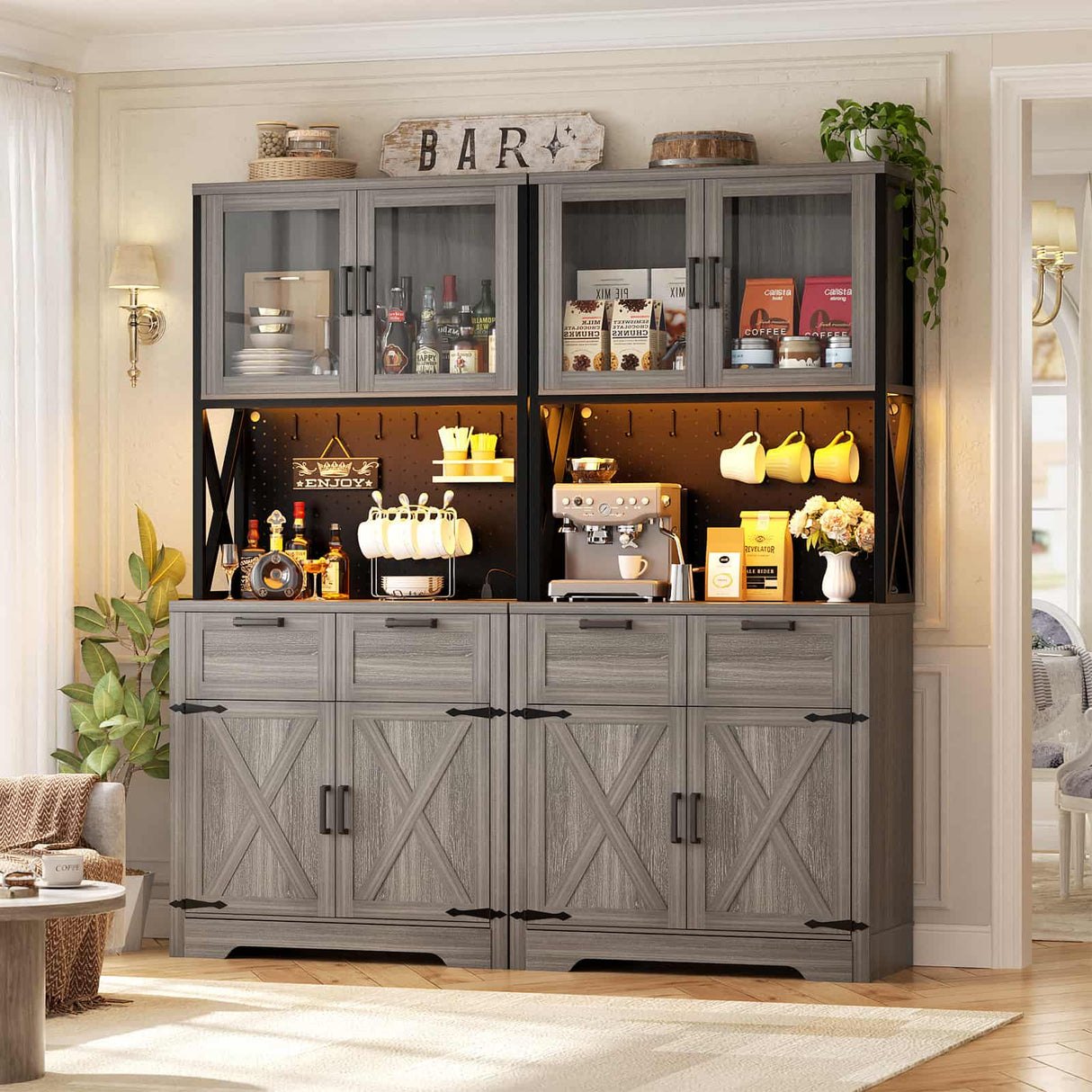 71" Pantry Cabinet with LED Light & Outlet, Coming with 2 Wood Drawers
