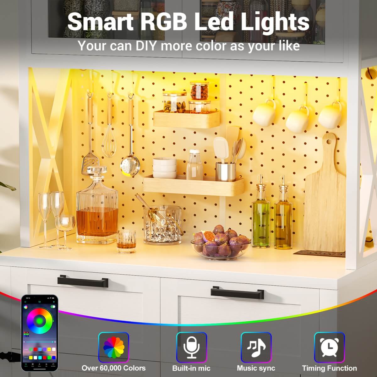 71" Pantry Cabinet with LED Light & Outlet, Coming with 2 Wood Drawers