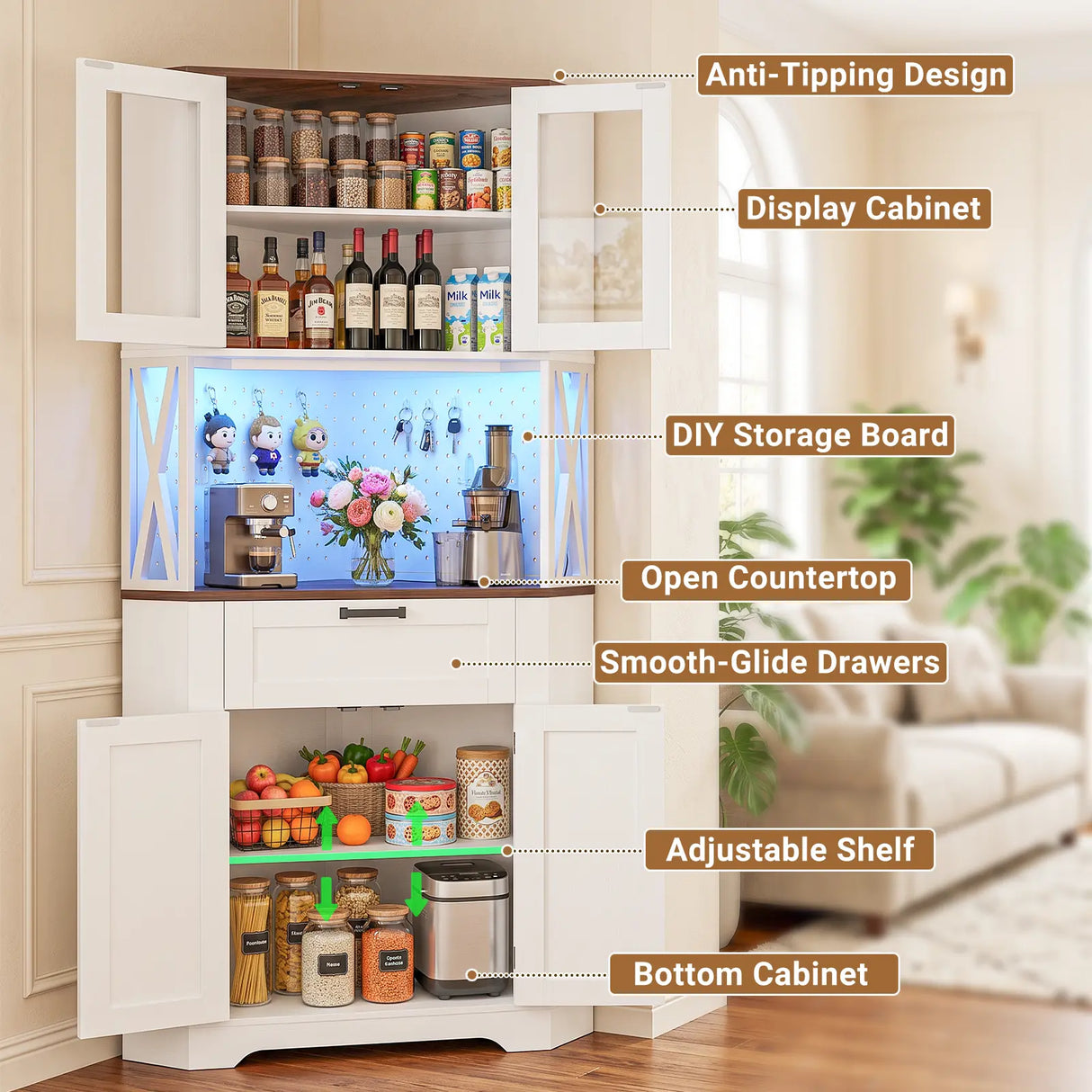 Corner Cabinet, 71" Tall Pantry Cabinet with Outlet & Light