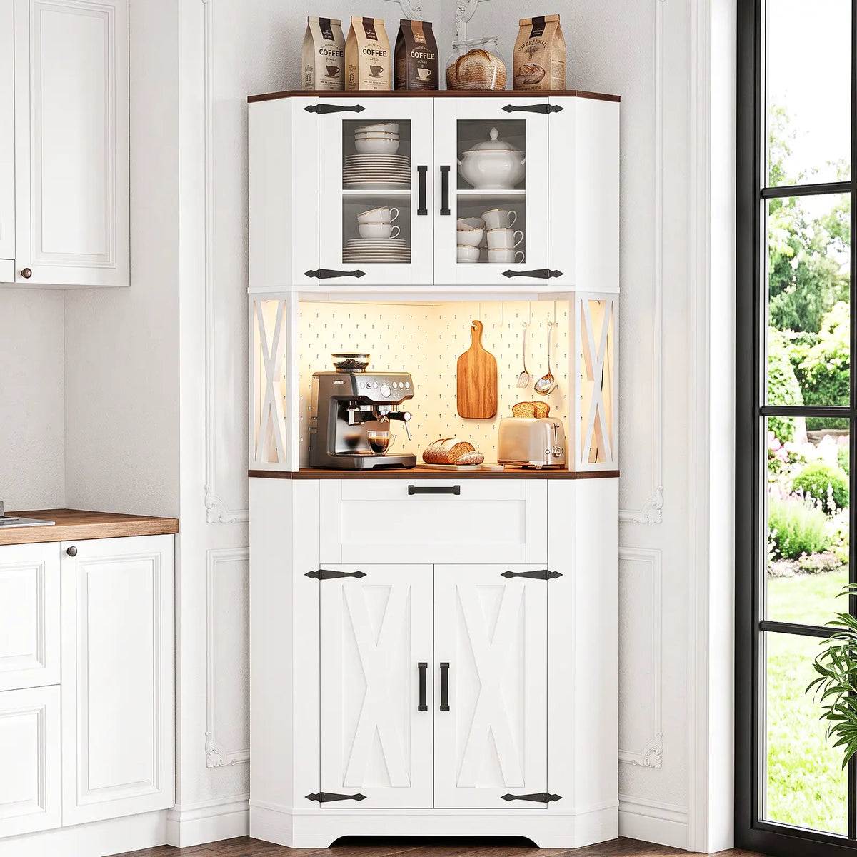 Corner Cabinet, 71" Tall Pantry Cabinet with Outlet & Light