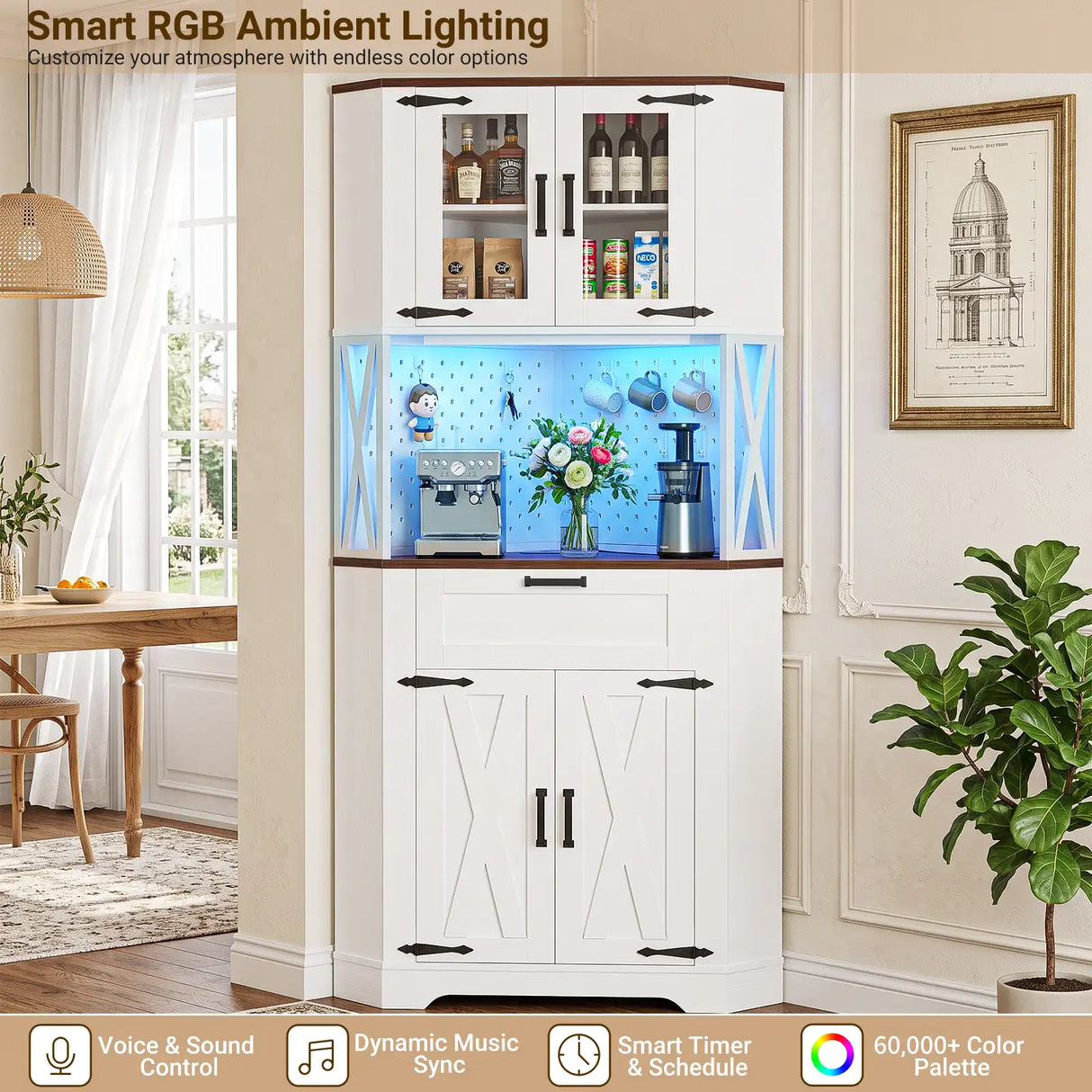 Corner Cabinet, 71" Tall Pantry Cabinet with Outlet & Light