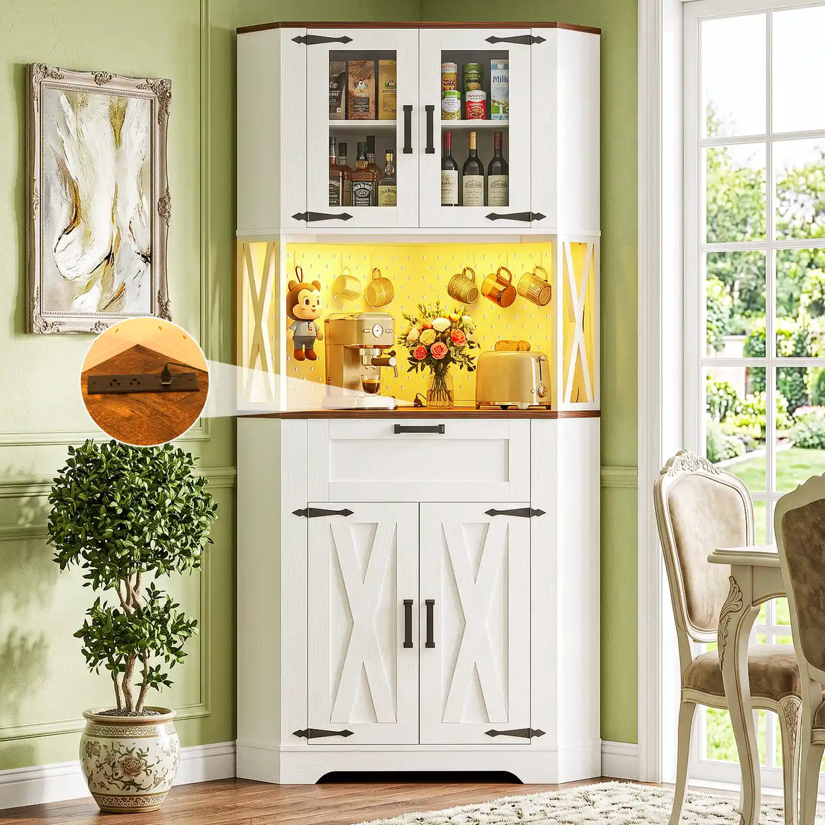 Corner Cabinet, 71" Tall Pantry Cabinet with Outlet & Light