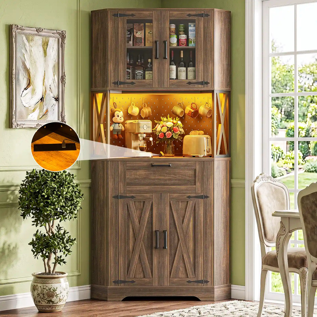 Corner Cabinet, 71" Tall Pantry Cabinet with Outlet & Light