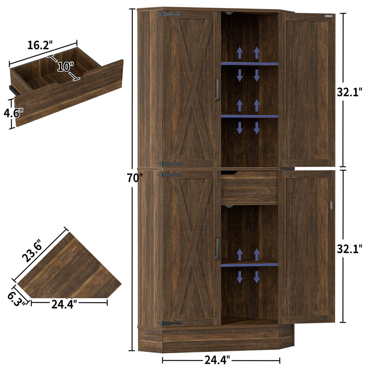 71" Tall Corner Cabinet with Doors and Adjustable Shelves, Drawer