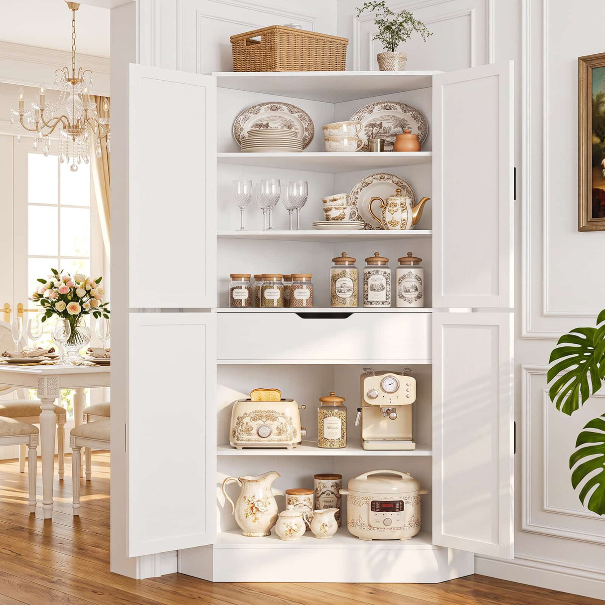 71" Tall Corner Cabinet with Doors and Adjustable Shelves, Drawer