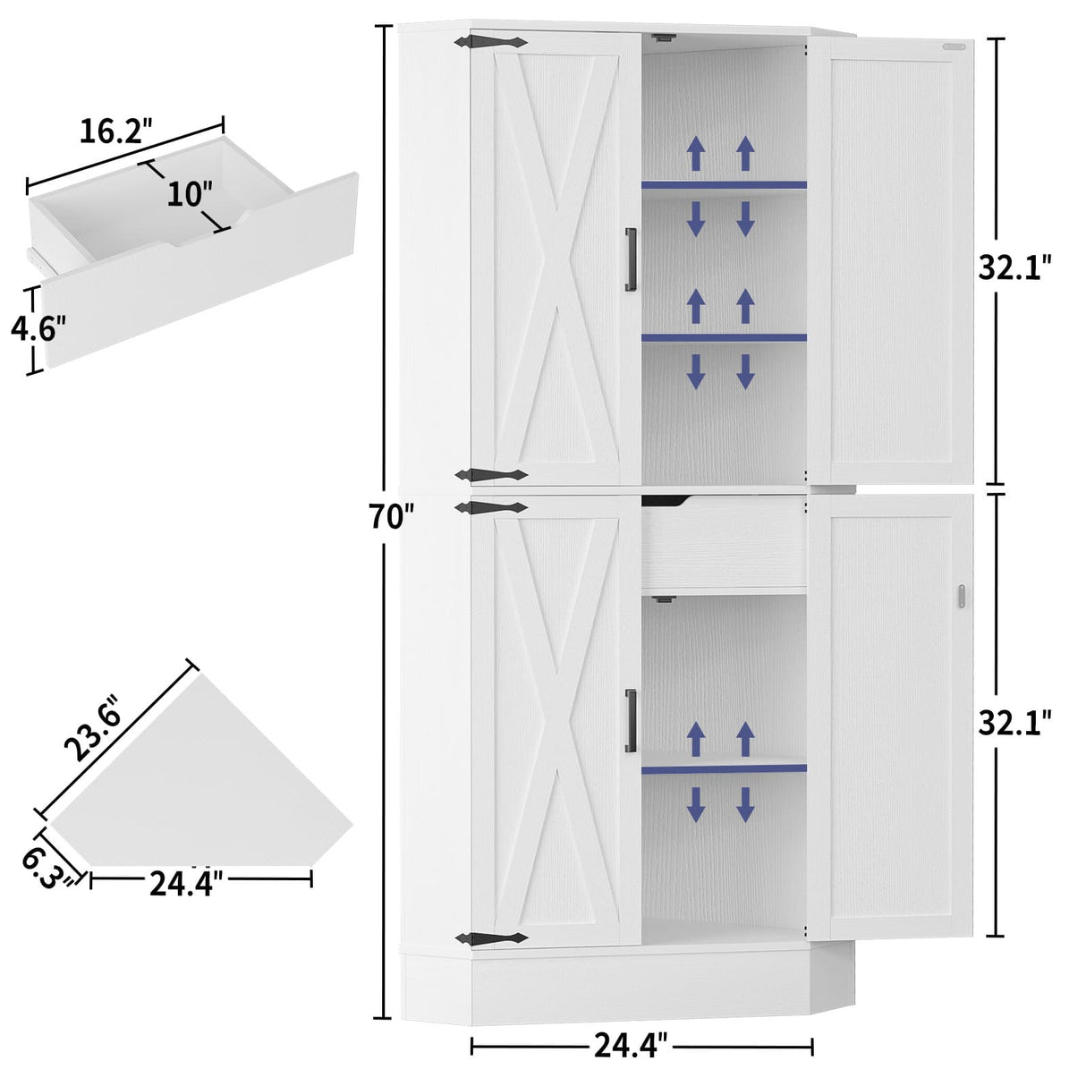 71" Tall Corner Cabinet with Doors and Adjustable Shelves, Drawer