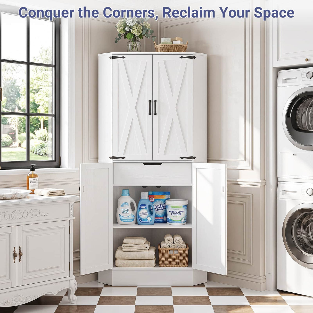 71" Tall Corner Cabinet with Doors and Adjustable Shelves, Drawer