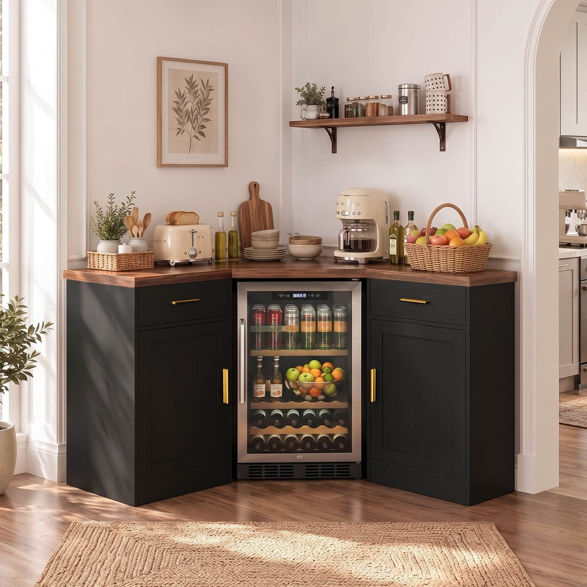 Corner Coffee Bar Cabinet with Mini Fridge Space，Black