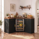 Corner Coffee Bar Cabinet with Mini Fridge Space，Black