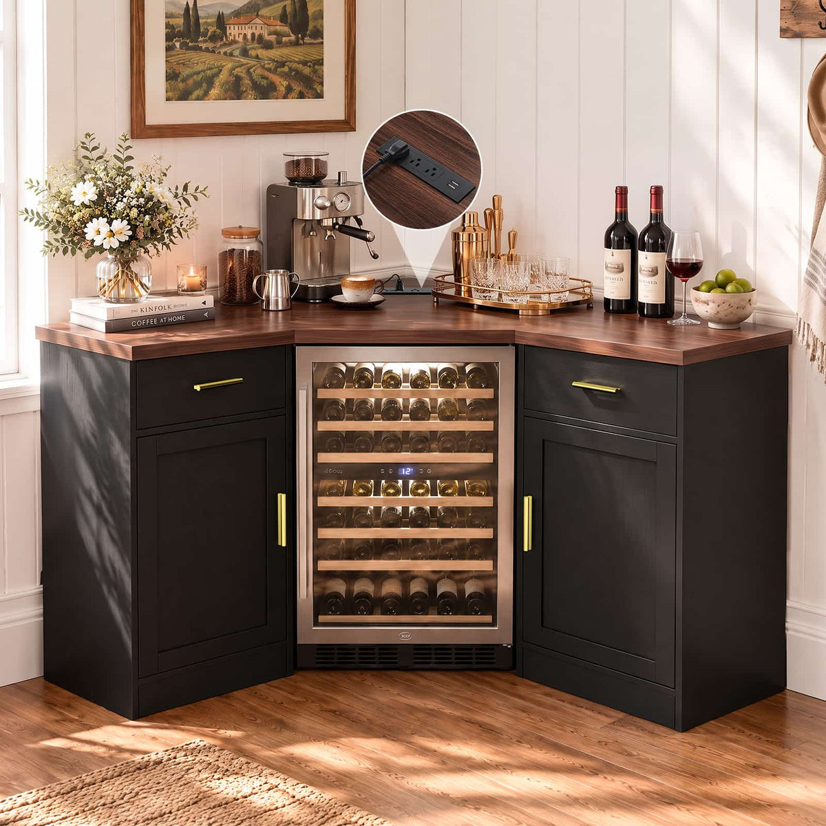 Corner Coffee Bar Cabinet with Mini Fridge Space，Black